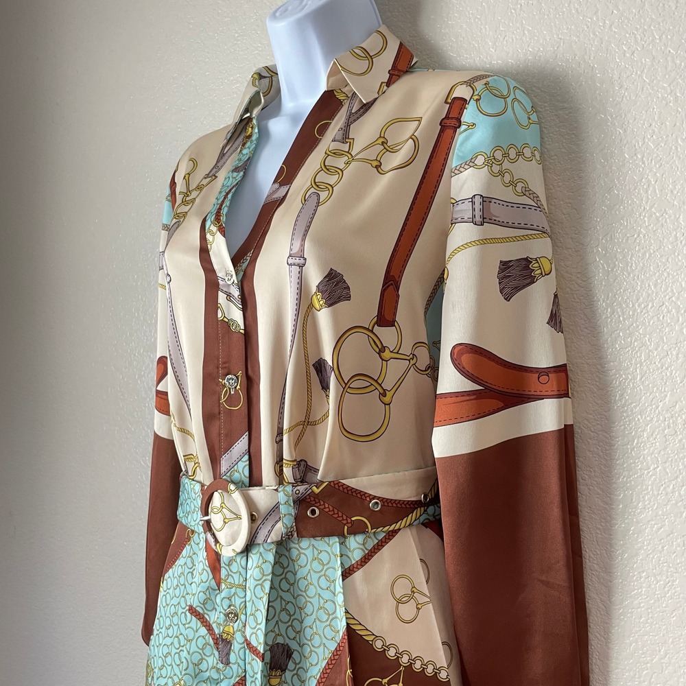 Marciano by Guess Dress US 2 Brown Teal Equestrian Scarf Print Belted Western - Picture 6 of 12